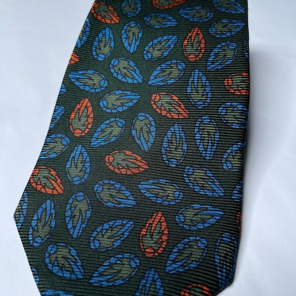 Harrods Knightbridge Silk Tie Green Stylized Leaf Like Pattern Blue Orange - Picture 7 of 7
